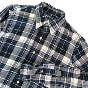 VTG Ralph Lauren Blue White Plaid Button Up Shirt Men Medium Long Sleeve Pony